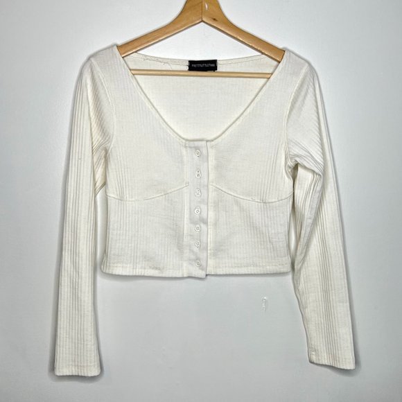 PrettyLittleThing white ribbed cropped v-neck cardigan L - Picture 1 of 5